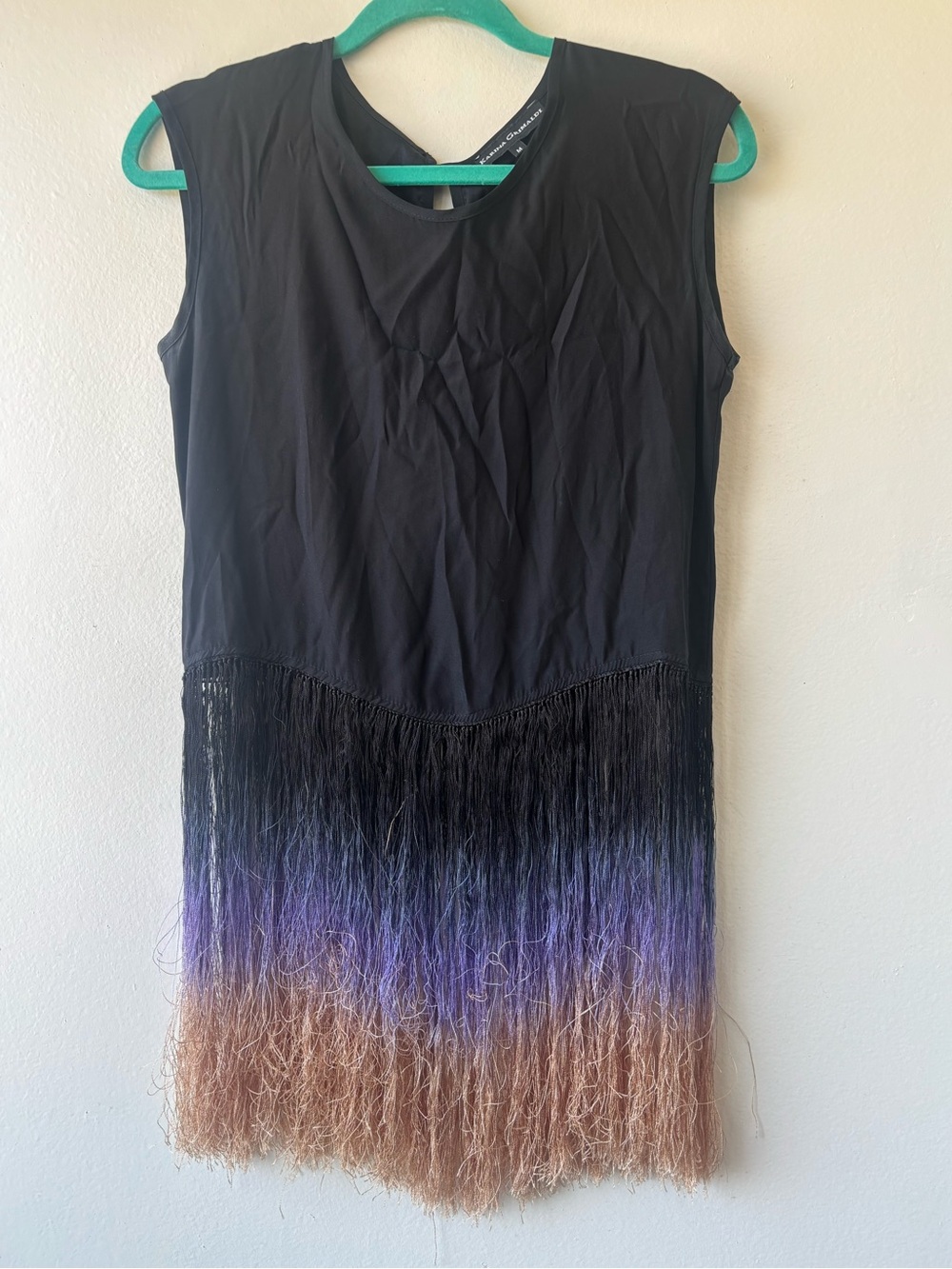 Karina Grimaldi Black Sleeveless Tank with Purple and Tan Ombre Fringe